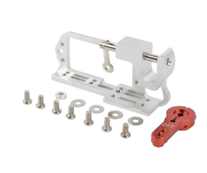 A silver servo release mechanism and its component parts, including screws and washers. The mechanism is constructed of metal, featuring a frame-like structure with various attachment points. A bright red servo horn, marked "25T," sits at the bottom right of the image and is also included in the set.